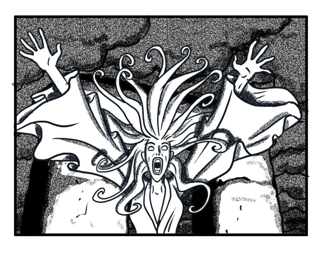 Banshee #1 finishes continuously animating away from camera, throws her arms wide. Continuously animate her hair and clothes; they are being moved by her Banshee powers, not the wind.