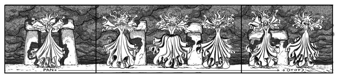 Lightning ends. DX on normal lighting. Pan across line of wailing banshees, their hair and cloaks animating under their own banshee power, not blown by wind. As (SFX/CONT): THUNDER CLAP dials down, dial up (SFX): (BANSHEE WAILS)