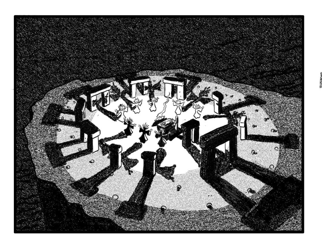 Down shot on Circle of standing stones. Banshees and Queen  Maab form circle around Sh’lainn, who is chained to a stone altar. (Note: All banshees are hovering about 2 inches off the ground.)