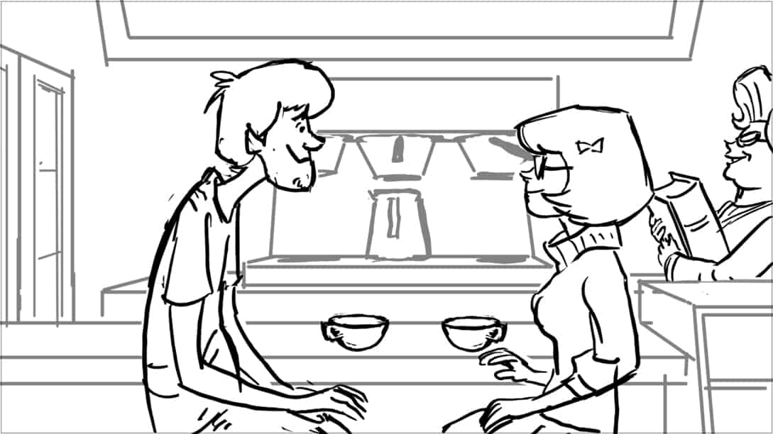 Scooby Doo 345-623 Sc 12 Pnl 2
Action: -nervously, tentatively, they start to reach for each other, oblivious to Velma’s Mother as she enter behind counter, carrying CURSE BOOK.