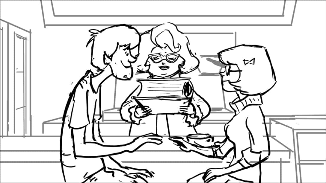 Scooby Doo 345-623 Sc 12 Pnl 3
Action: VM reaches center of frame, turns, antics letting CURSE BOOK drop onto counter top. Shaggy and Velma continue reaching towards each other…