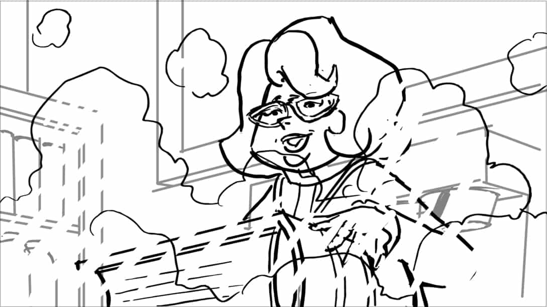 Scooby Doo 345-623 Sc 13 Pnl 1
Action: H.U.; Dust cloud continues spreading, dissipating. MCU, slight upshot on VM, CB in FG…
Dialogue: VELMA’S MOTHER (CONT): (sing-songy) “I think…”