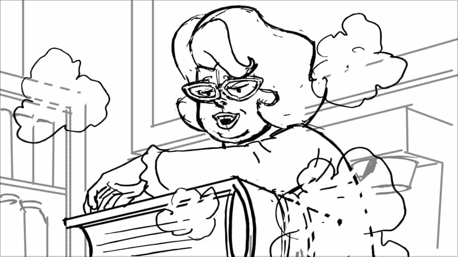 Scooby Doo 345-623 Sc 13 Pnl 2
Action: VM antics opening CURSE BOOK; dust cloud continues spreading, breaking up,
dxing OS.
Dialogue: VELMA’S MOTHER (CONT): “…I found…”