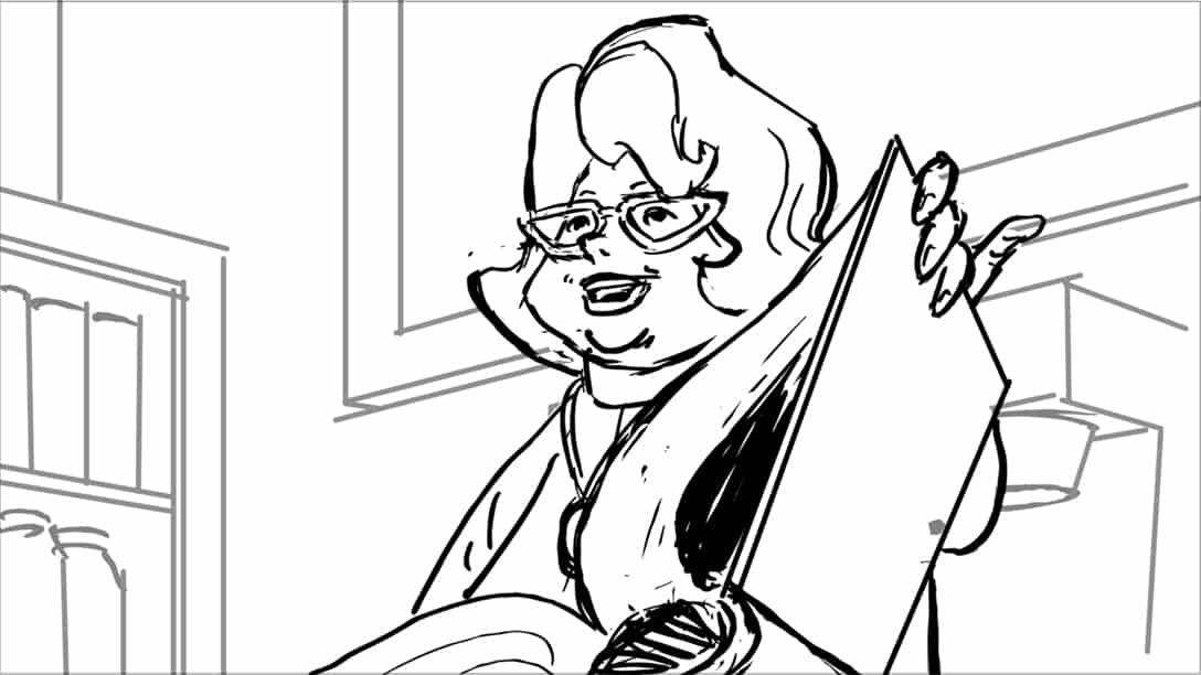 Scooby Doo 345-623 Sc 13 Pnl 3
Action: VM opens CURSE BOOK as she looks up at o.s. kids
Dialogue: VELMA’S MOTHER (CONT):”…an…”