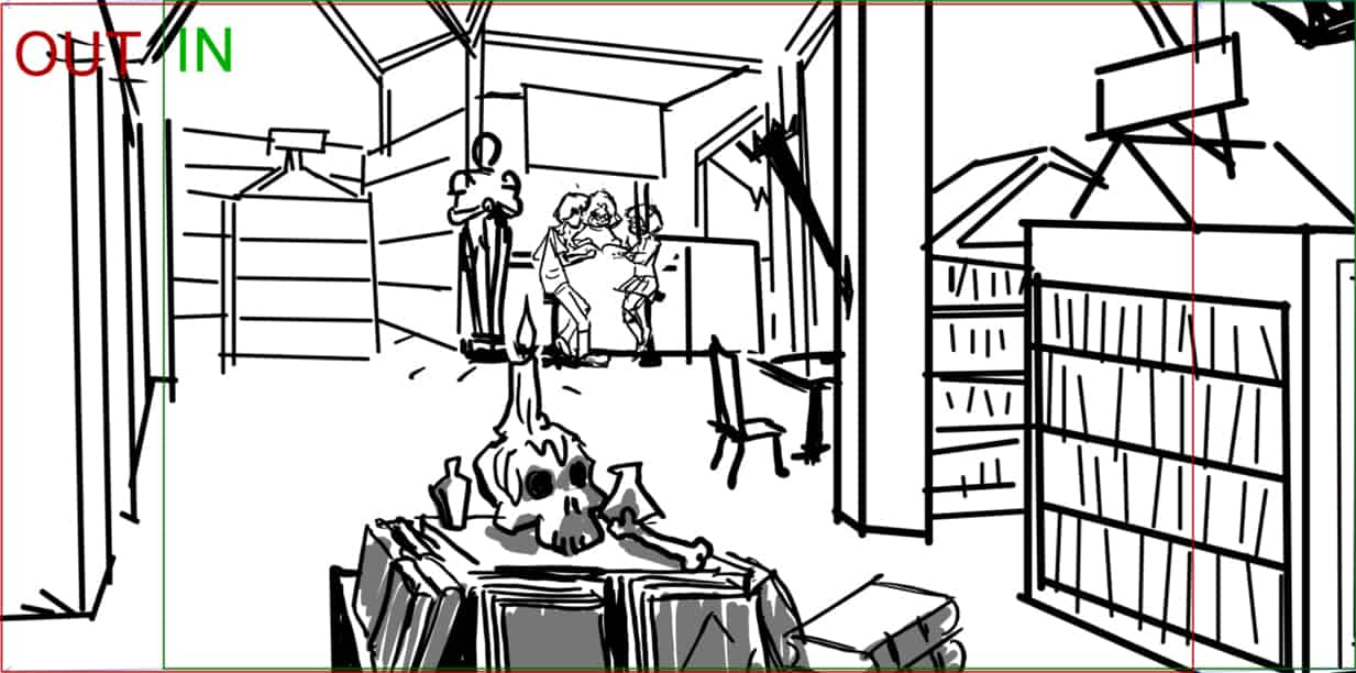 Scooby Doo 345-623 Sc 14 Pnl 1
Action: EAST - WEST CAM DRIFT across layout as Velma's Mother continues scanning
CURSE BOOK.(during CAM DRIFT, PAN OL TABLE at slightly faster rate of speed)
Dialogue: VELMA’S MOTHER (CONT'D) (beat, scanning page)”Let’s see now. Okay…”