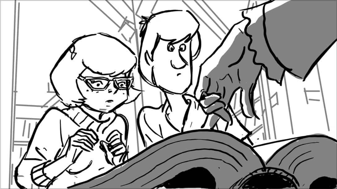 Scooby Doo 345-623 Sc 15 Pnl 1
Action: REVERSE ANGLE, OTS curse book and VM’s hand indicating specific passage. Velma and Shaggy look down at book.
Dialogue: VELMA’S MOTHER (CONT/OS): “It says the incantation has to be said in a jungle.”