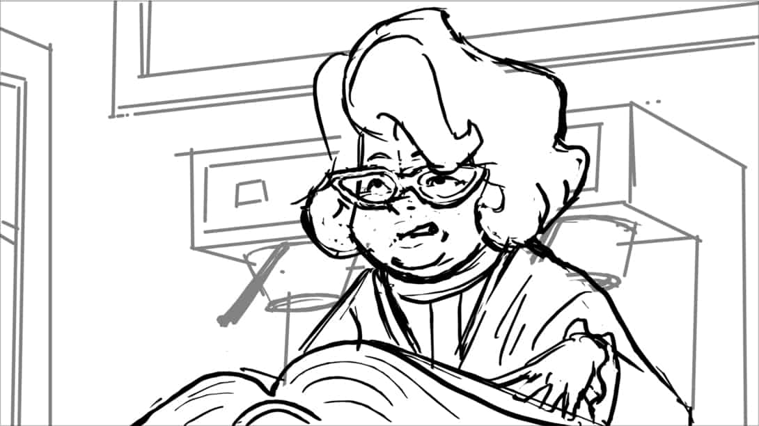 Scooby Doo 345-623 Sc 19 Pnl 2
Action: VM looks up at o.s. Velma...
Dialogue: VELMA’S MOTHER (CONT): “…recited by a jackal.”