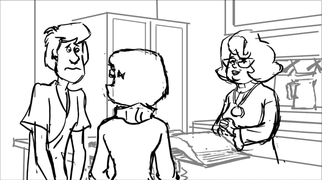 Scooby Doo 345-623 Sc 21 Pnl 1
Action: Three shot; VM looks at Velma; Velma and Shaggy stare at each other.
Dialogue: VELMA’s MOTHER: “I could order you one,…”
