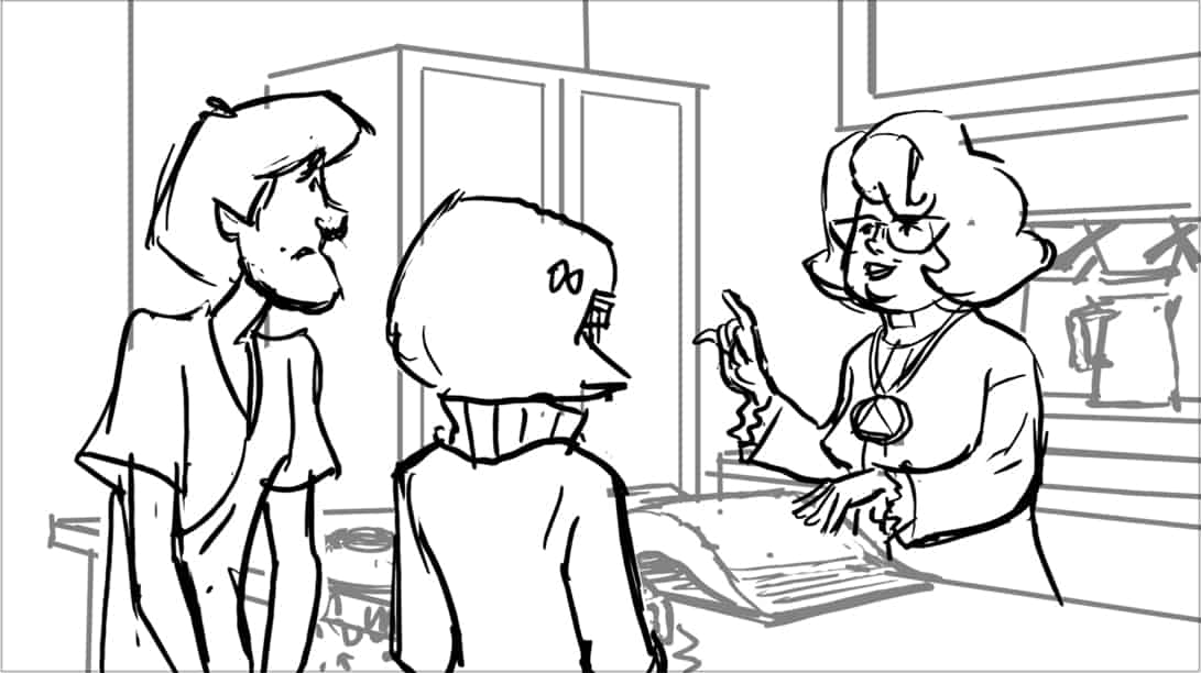 Scooby Doo 345-623 Sc 21 Pnl 2
Action: VM turns toward Shaggy; They look at VM.
Dialogue: VELMA’s MOTHER (CONT): “…but it’ll take a couple of weeks.”