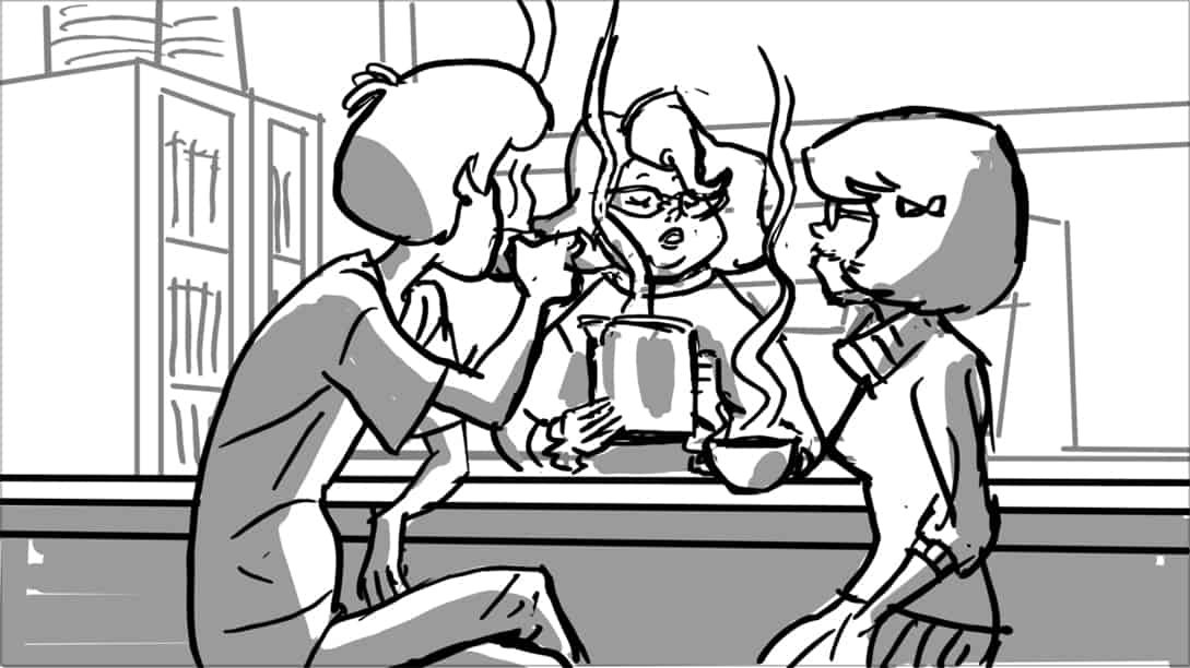 Scooby Doo 345-623 Sc 4 Pnl 1
Action: Shaggy and Velma look at VM; Shaggy lifts cup to his lips…           
Dialogue: VELMA’S MOTHER: “I didn’t say that.”