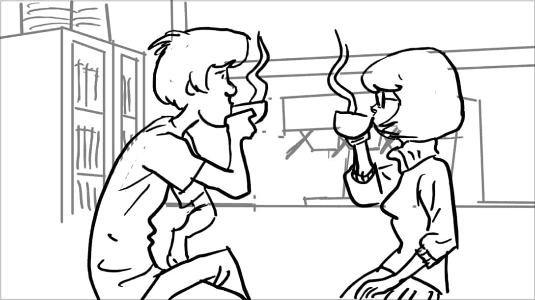 Scooby Doo 345-623 Sc 4 Pnl 5
Action:.Awkward moment of silence as Velma turns back toward Shaggy and they sip their hot chocolates.