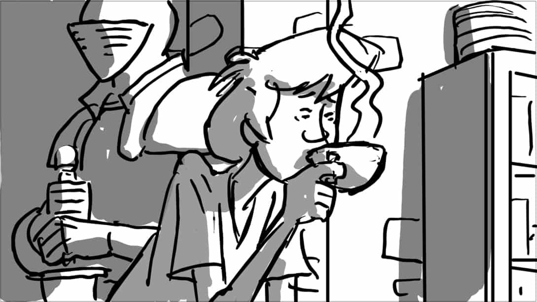 Scooby Doo 345-623 Sc 5 Pnl 1
Action: MCU on Shaggy, reacting nervously as awkward silence continues, looking down at his chocolate.