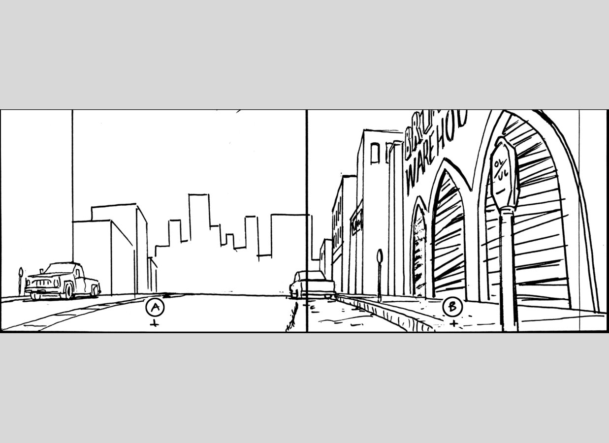Stripperella 109 Sc 305 Pnl 1 
Action: EXT WAREHOUSE- NIGHT. NOTE: This is a layout for scene 305, not an indication of a camera pan at this point. Hold on Warehouse Facade (position B) for a beat…