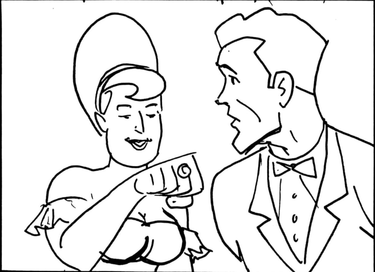 Stripperella 109 Sc 308 Pnl 2
Action: She looks at him as she speaks; he turns toward her, then replies.
Dialogue: BRIDESMAID: “Say “I do.””
	     JAMES: “But…”