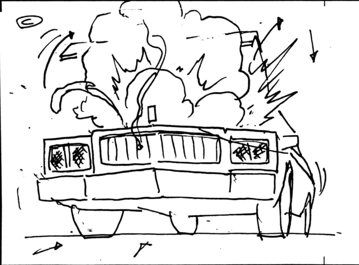 Stripperella 109 Sc 329 Pnl 3
Action: Engine explodes, blowing hood upwards- left headlight (of limo) goes out-
