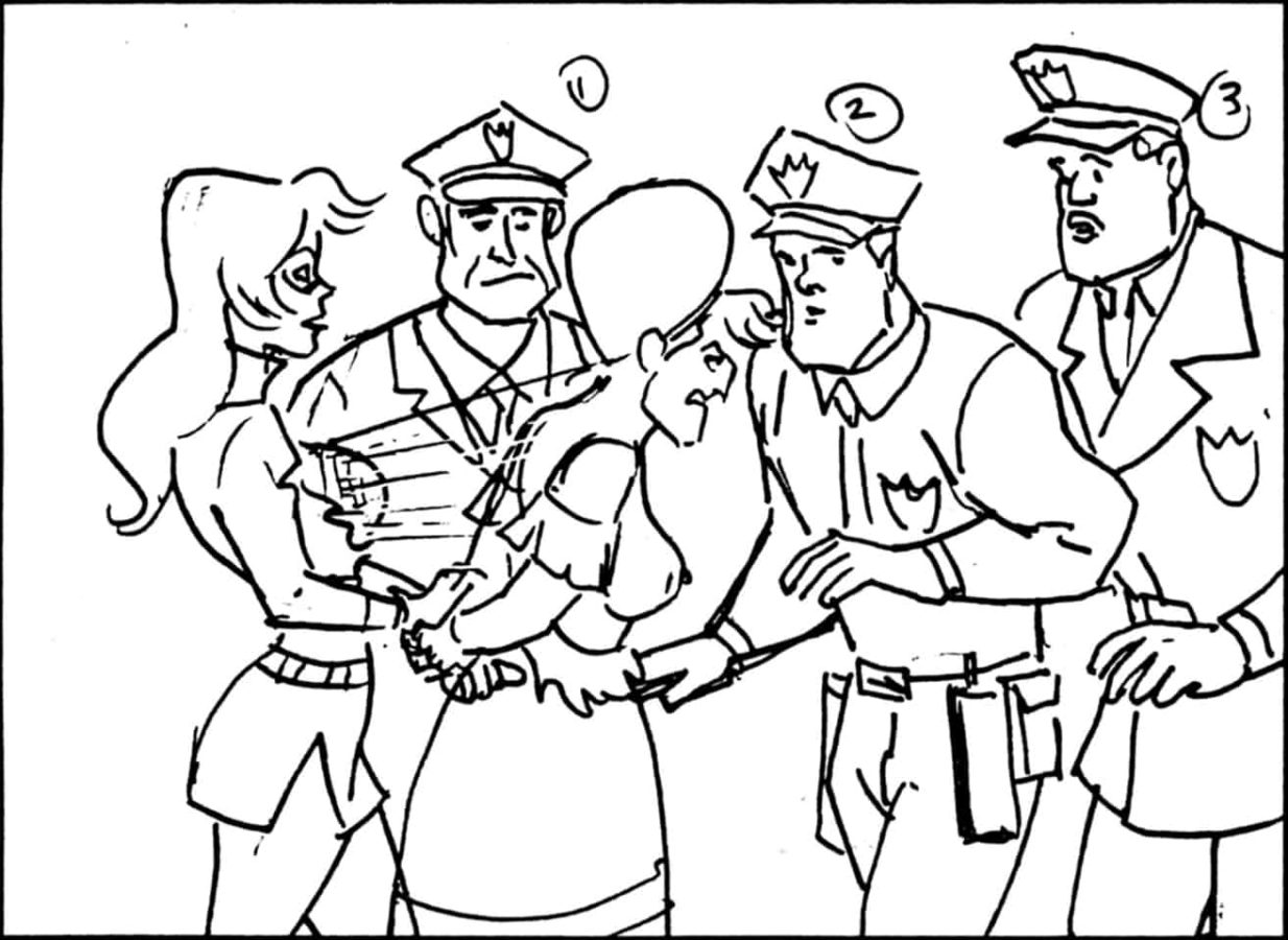 Stripperella 109 Sc 333 Pnl 1
Action: Stipperella hands Bridesmaid over to policemen. (Note: her “headlights” are backlit)-
Dialogue:STRIPPERELLA: “She’s all yours, boys.”