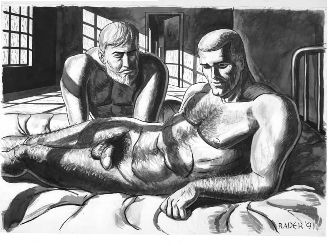 The Doctor Studies, ink and wash illustration by Brad Rader, gay erotica, bears